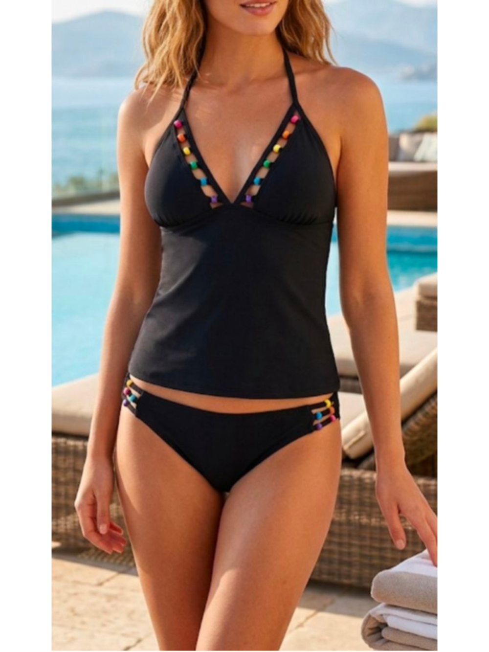 OP Y2K Tankini Bikini Swimsuit Set Black Rainbow Beads Retro Halter M Bottoms L